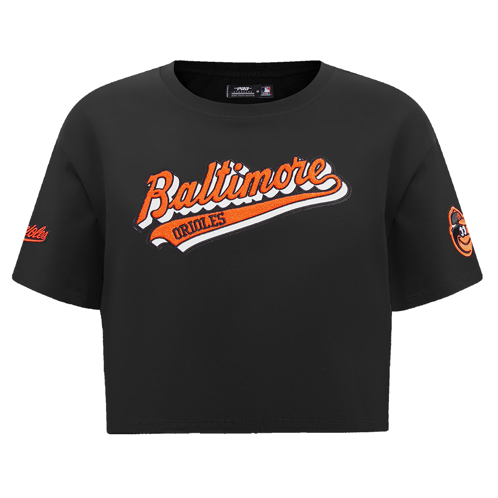 MLB BALTIMORE ORIOLES SCRIPT TAIL WOMEN'S SINGLE JERSEY BOXY TOP (BLACK)