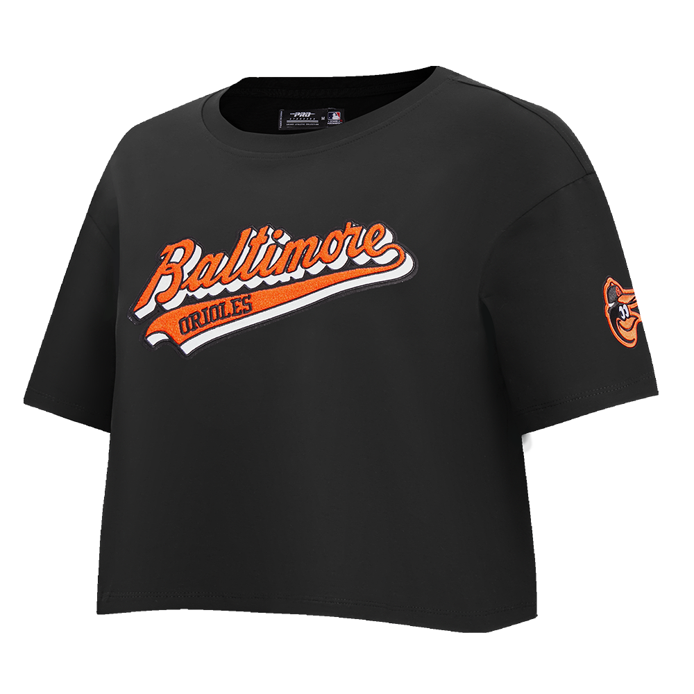 MLB BALTIMORE ORIOLES SCRIPT TAIL WOMEN'S SINGLE JERSEY BOXY TOP (BLACK)