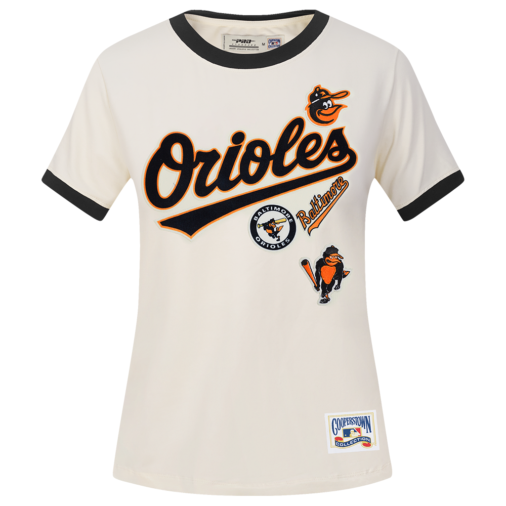 MLB BALTIMORE ORIOLES RETRO CASCADE T-SHIRT À BORDURES CONTRASTANTES POUR FEMME (COQUILLE D'ŒUF/NOIR)