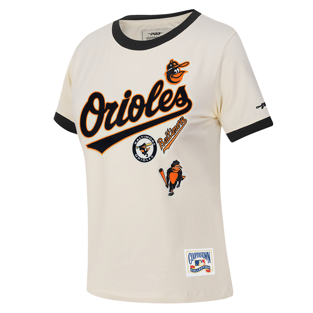 MLB BALTIMORE ORIOLES RETRO CASCADE T-SHIRT À BORDURES CONTRASTANTES POUR FEMME (COQUILLE D'ŒUF/NOIR)