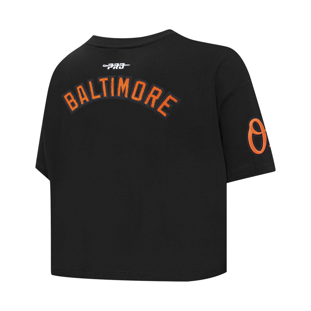 MLB BALTIMORE ORIOLES CLASSIC CHENILLE HAUT EN JERSEY SIMPLE À COUPE CARRÉE POUR FEMME (NOIR)