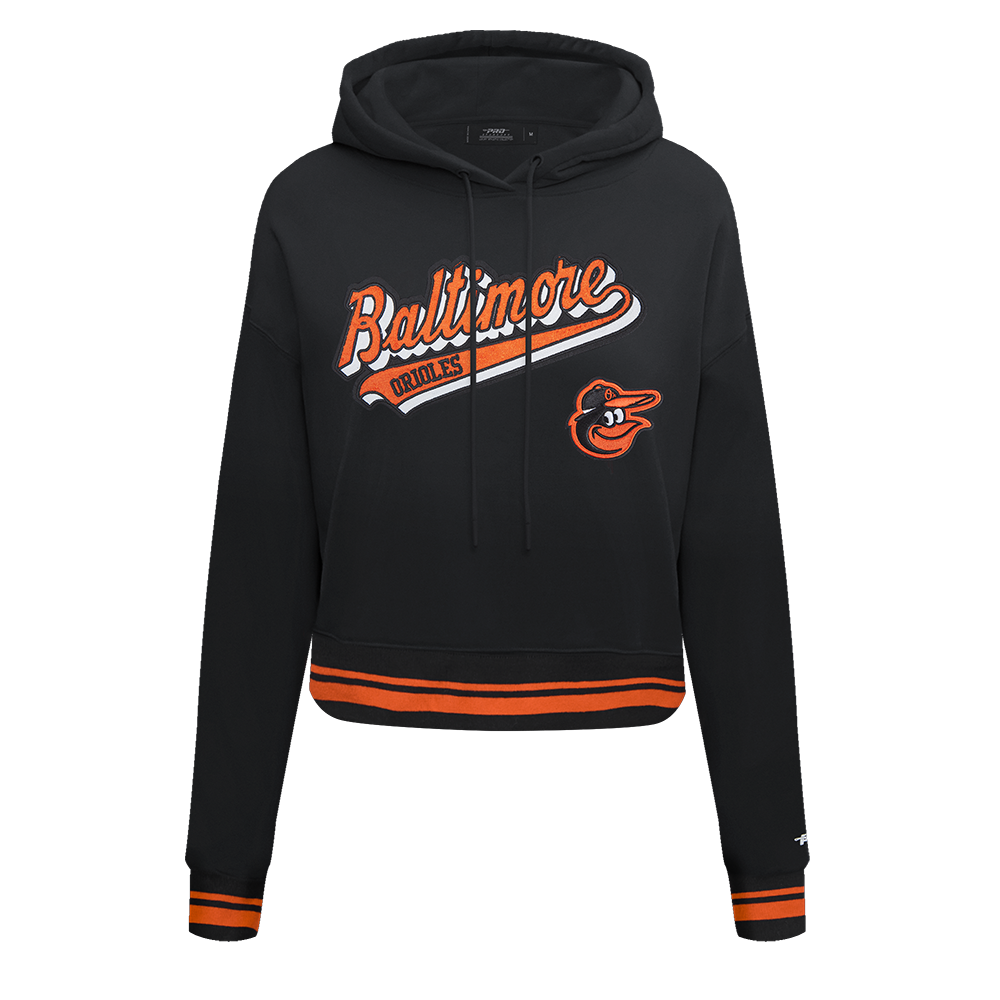 MLB BALTIMORE ORIOLES SCRIPT TAIL CHANDAIL À CAPUCHON COURT EN MOLLETON CÔTELÉ POUR FEMME (NOIR/ORANGE)