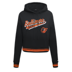 MLB BALTIMORE ORIOLES SCRIPT TAIL CHANDAIL À CAPUCHON COURT EN MOLLETON CÔTELÉ POUR FEMME (NOIR/ORANGE)