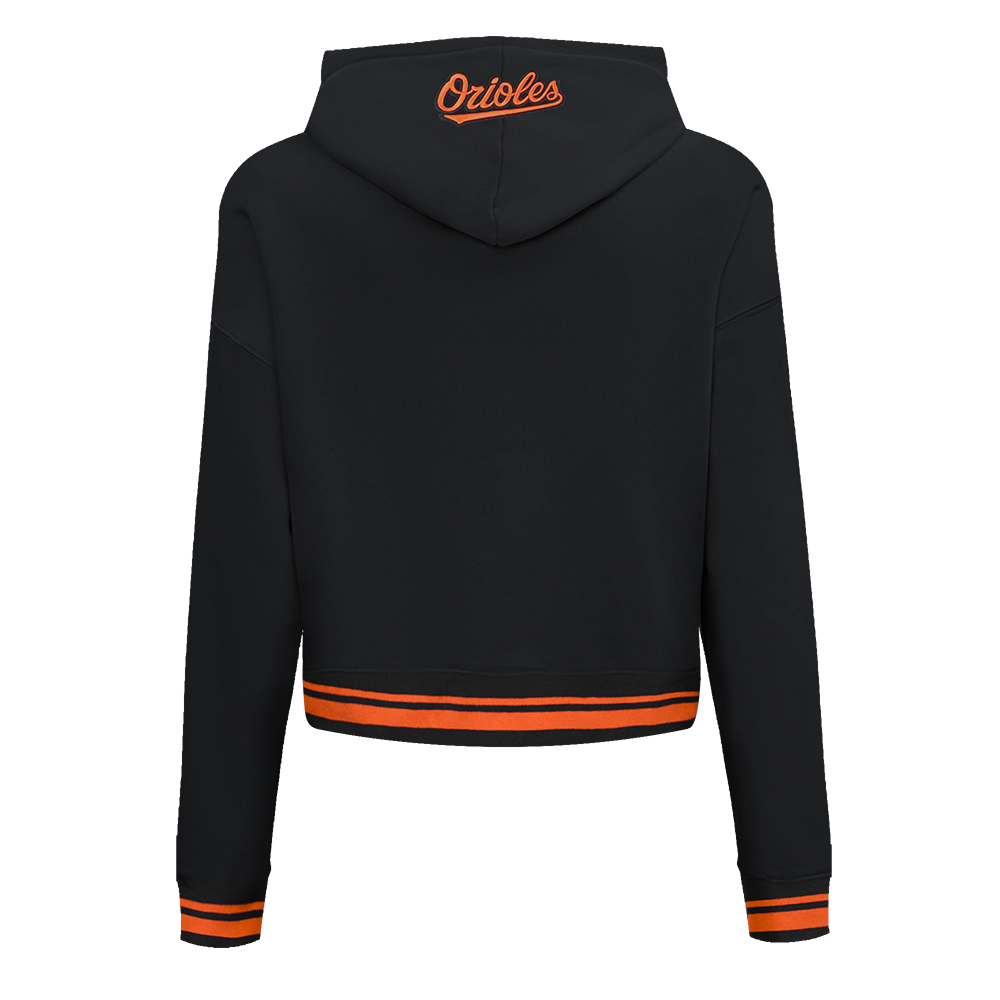 MLB BALTIMORE ORIOLES SCRIPT TAIL CHANDAIL À CAPUCHON COURT EN MOLLETON CÔTELÉ POUR FEMME (NOIR/ORANGE)