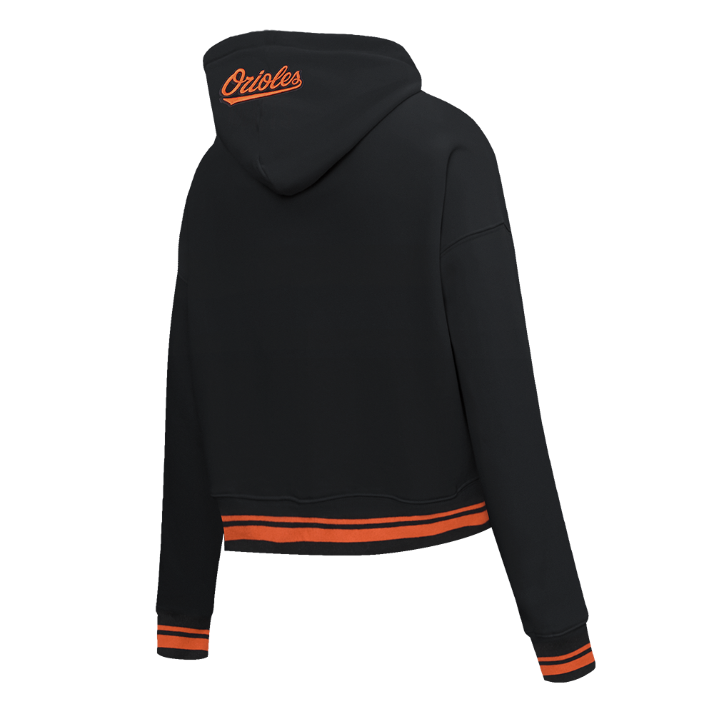 MLB BALTIMORE ORIOLES SCRIPT TAIL CHANDAIL À CAPUCHON COURT EN MOLLETON CÔTELÉ POUR FEMME (NOIR/ORANGE)