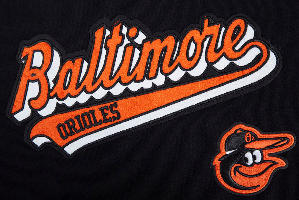 MLB BALTIMORE ORIOLES SCRIPT TAIL CHANDAIL À CAPUCHON COURT EN MOLLETON CÔTELÉ POUR FEMME (NOIR/ORANGE)