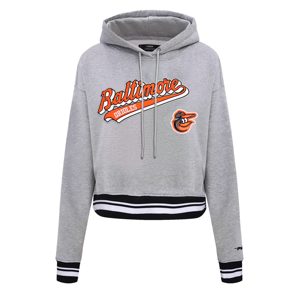 MLB BALTIMORE ORIOLES SCRIPT TAIL WOMEN'S RIB FLEECE CROPPED PULLOVER HOODIE (HEATHER GRAY/BLACK)