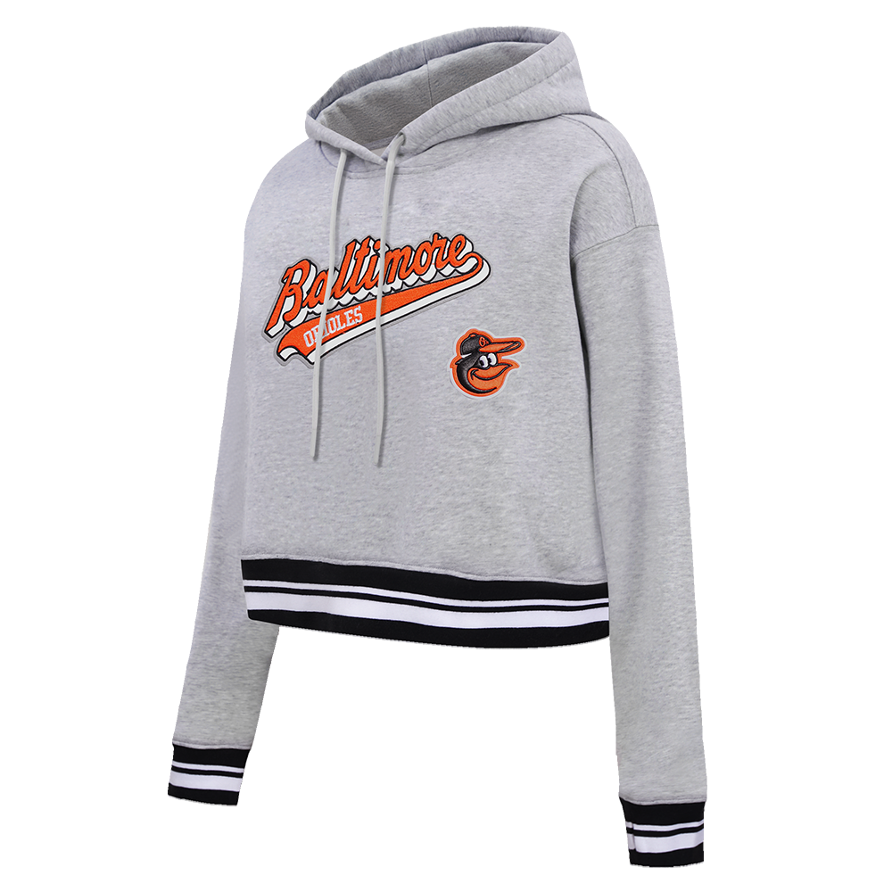 MLB BALTIMORE ORIOLES SCRIPT TAIL WOMEN'S RIB FLEECE CROPPED PULLOVER HOODIE (HEATHER GRAY/BLACK)