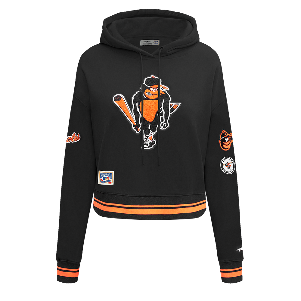 MLB BALTIMORE ORIOLES RETRO CLASSIC WOMEN'S RIB CROPPED PULLOVER HOODIE (BLACK/ORANGE)