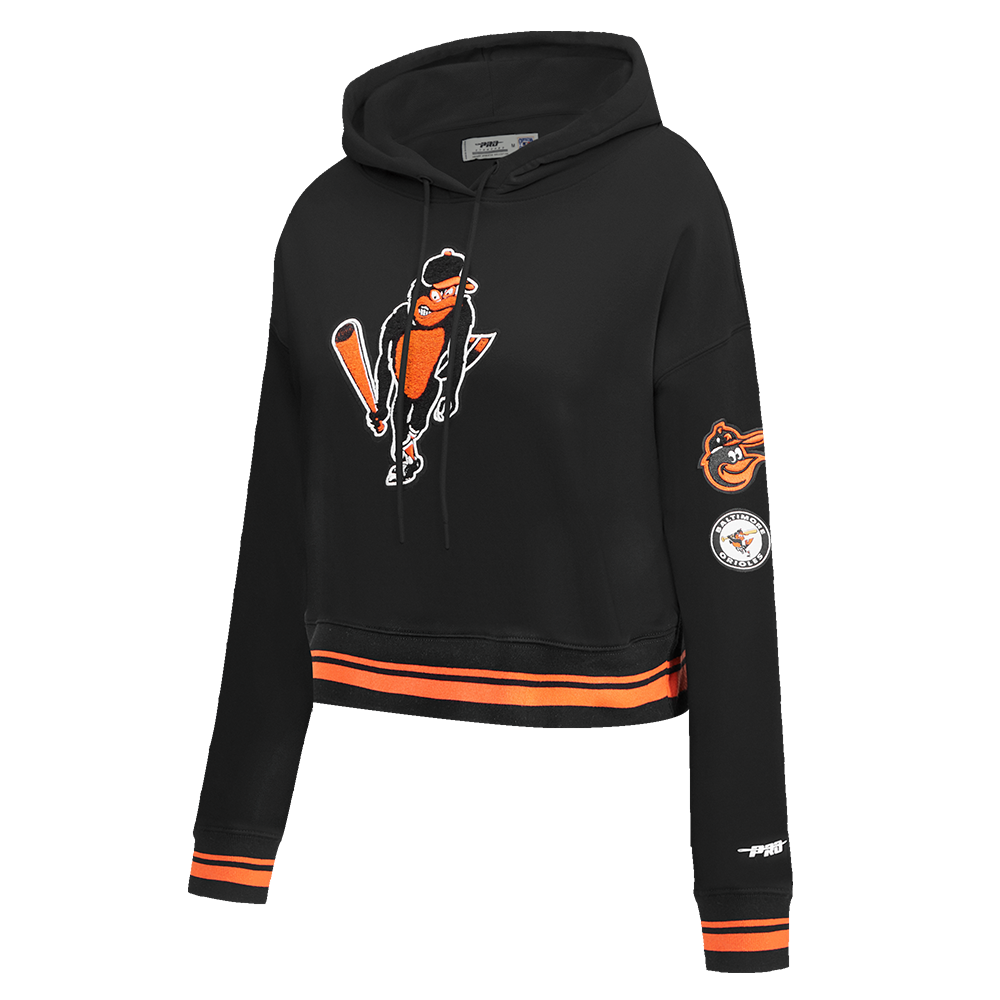 MLB BALTIMORE ORIOLES RETRO CLASSIC WOMEN'S RIB CROPPED PULLOVER HOODIE (BLACK/ORANGE)
