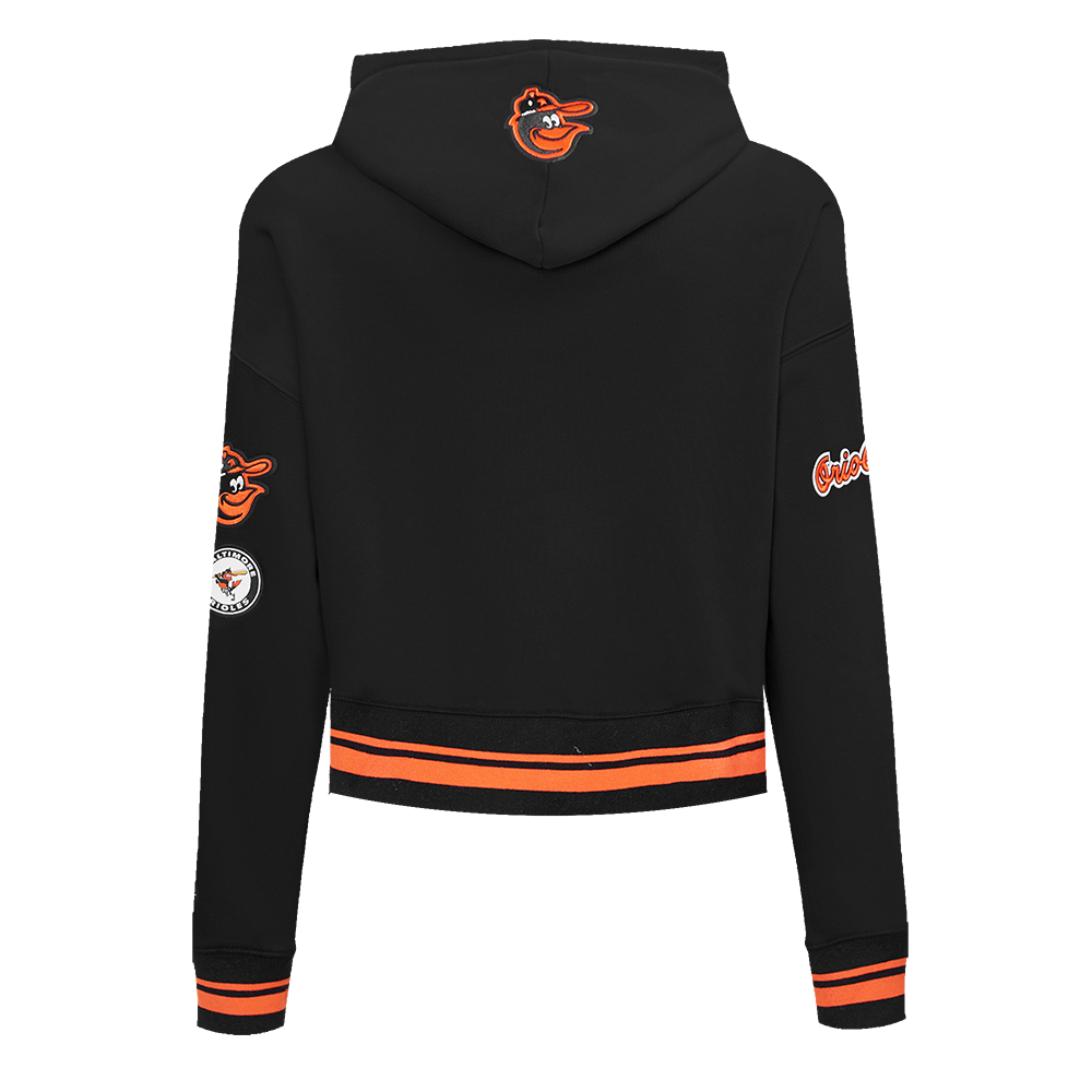 MLB BALTIMORE ORIOLES RETRO CLASSIC WOMEN'S RIB CROPPED PULLOVER HOODIE (BLACK/ORANGE)