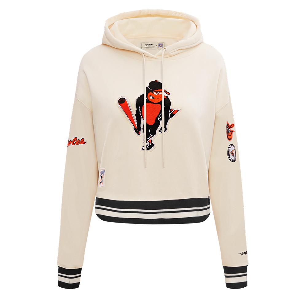 MLB BALTIMORE ORIOLES RETRO CLASSIC WOMEN'S RIB CROPPED PULLOVER HOODIE (EGGSHELL/ BLACK)