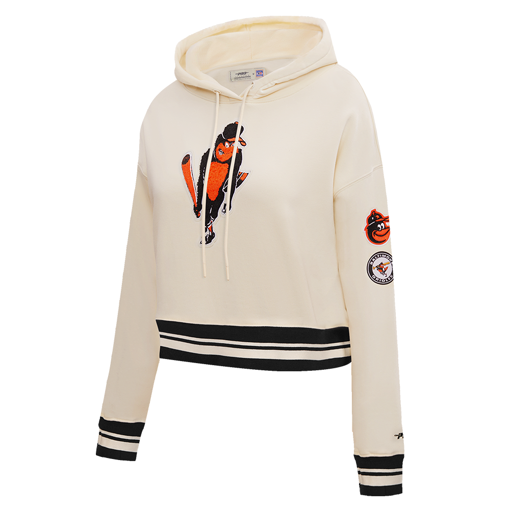 MLB BALTIMORE ORIOLES RETRO CLASSIC WOMEN'S RIB CROPPED PULLOVER HOODIE (EGGSHELL/ BLACK)