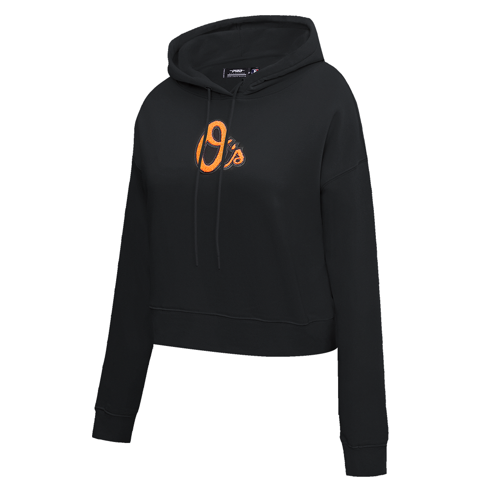 MLB BALTIMORE ORIOLES CLASSIC WOMEN'S FLEECE CROPPED PULLOVER HOODIE (BLACK)
