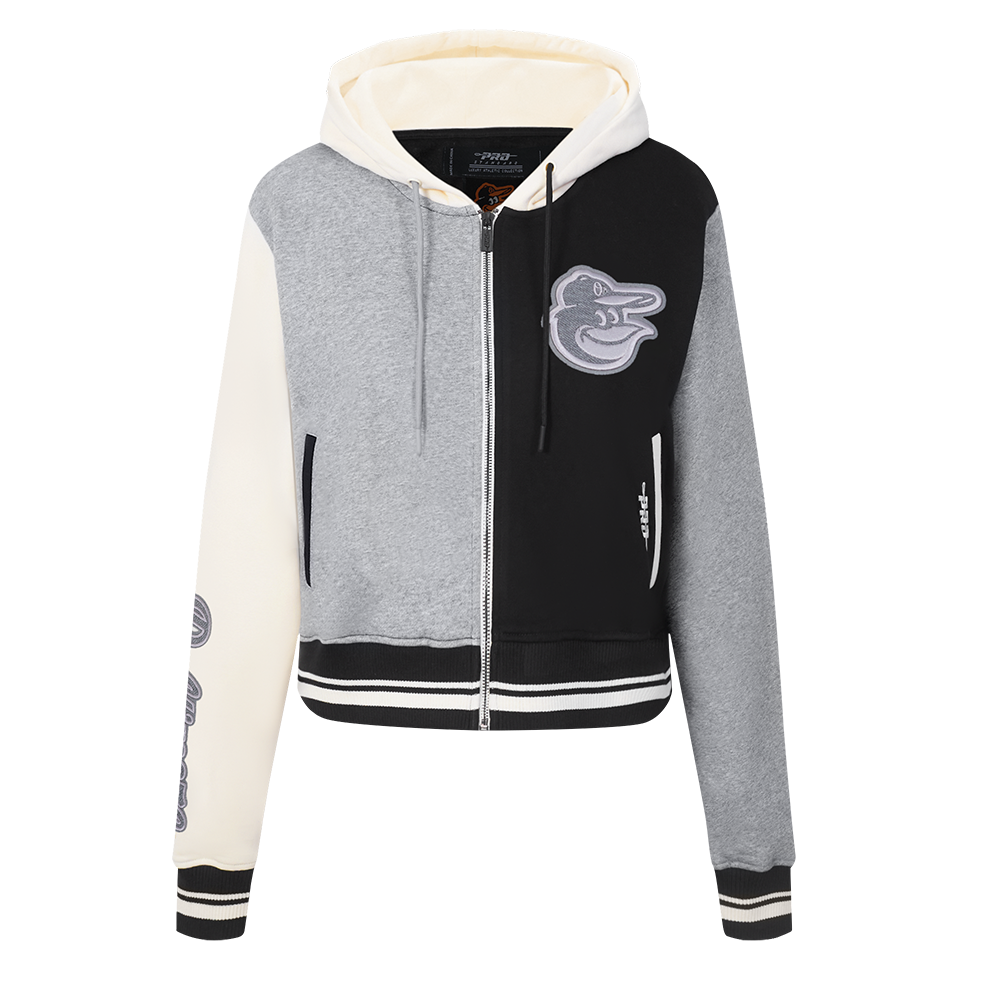 MLB BALTIMORE ORIOLES REVERSE FRENCH TERRY CHANDAIL À CAPUCHON EN MOLLETON À GLISSIÈRE ET À BLOCS DE COULEUR POUR FEMME (NOIR/GRIS/COQUILLE D'ŒUF)