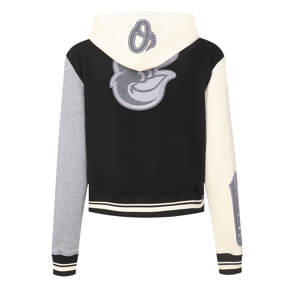 MLB BALTIMORE ORIOLES REVERSE FRENCH TERRY CHANDAIL À CAPUCHON EN MOLLETON À GLISSIÈRE ET À BLOCS DE COULEUR POUR FEMME (NOIR/GRIS/COQUILLE D'ŒUF)