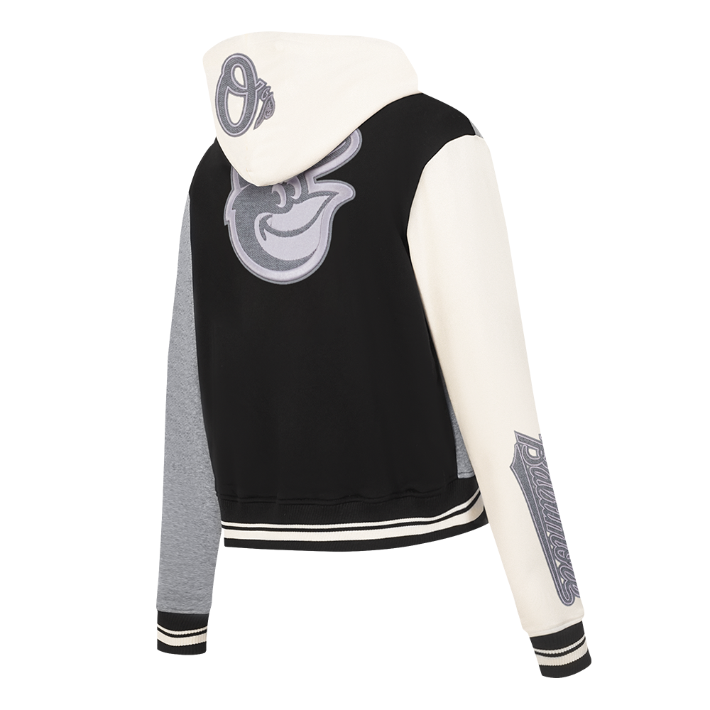 MLB BALTIMORE ORIOLES REVERSE FRENCH TERRY CHANDAIL À CAPUCHON EN MOLLETON À GLISSIÈRE ET À BLOCS DE COULEUR POUR FEMME (NOIR/GRIS/COQUILLE D'ŒUF)