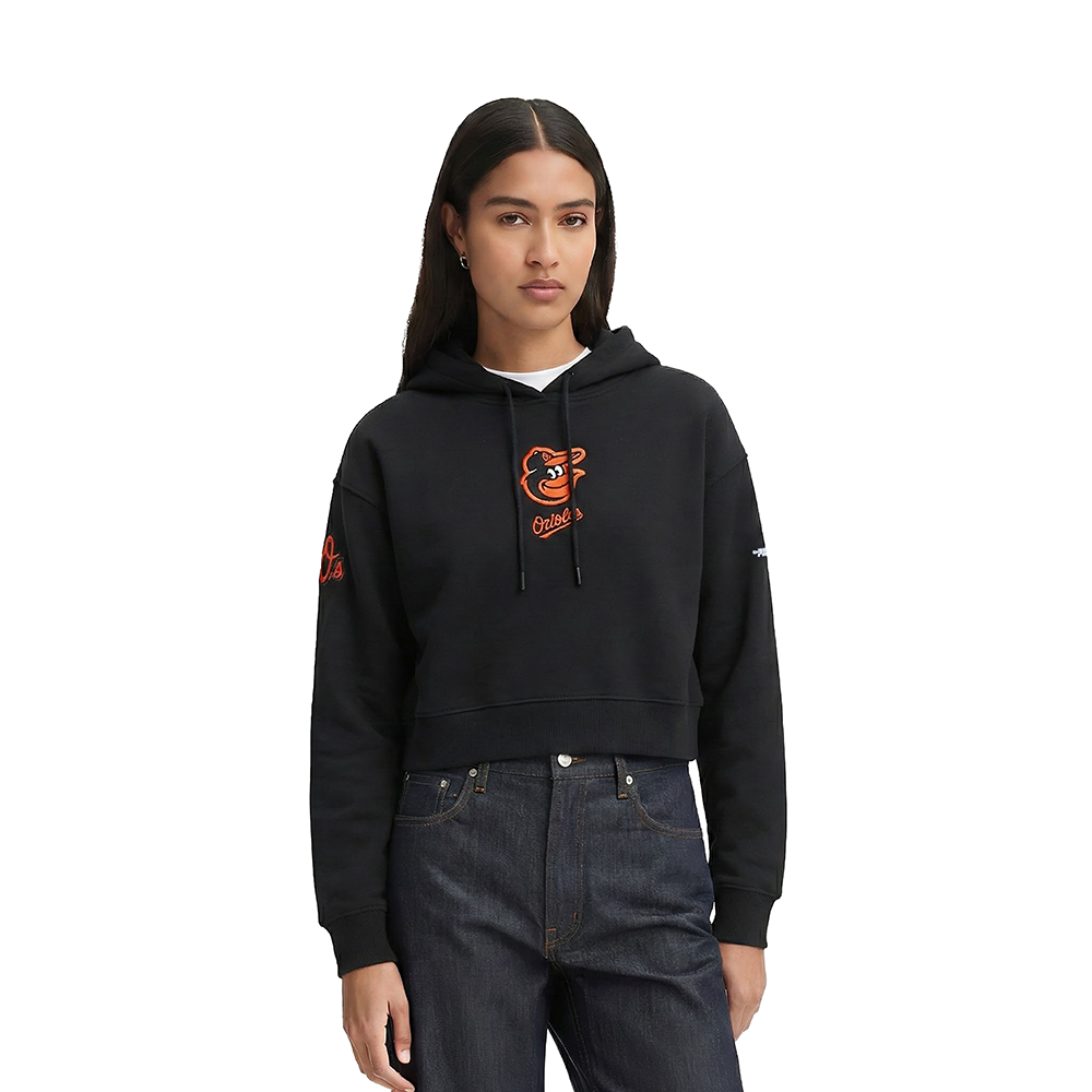 MLB BALTIMORE ORIOLES CLASSIC CHENILLE CHANDAIL À CAPUCHON COURT EN MOLLETON POUR FEMME (NOIR)