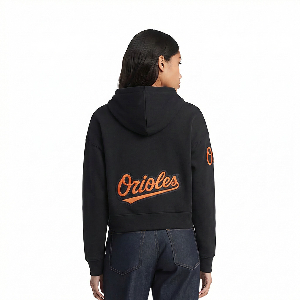 MLB BALTIMORE ORIOLES CLASSIC CHENILLE CHANDAIL À CAPUCHON COURT EN MOLLETON POUR FEMME (NOIR)