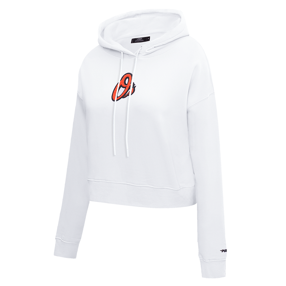 MLB BALTIMORE ORIOLES CLASSIC WOMEN'S FLEECE CROPPED PULLOVER HOODIE (WHITE)