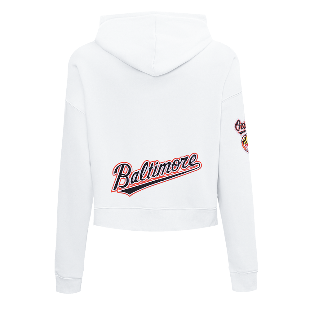 MLB BALTIMORE ORIOLES CLASSIC CHANDAIL À CAPUCHON COURT EN MOLLETON POUR FEMME (BLANC)