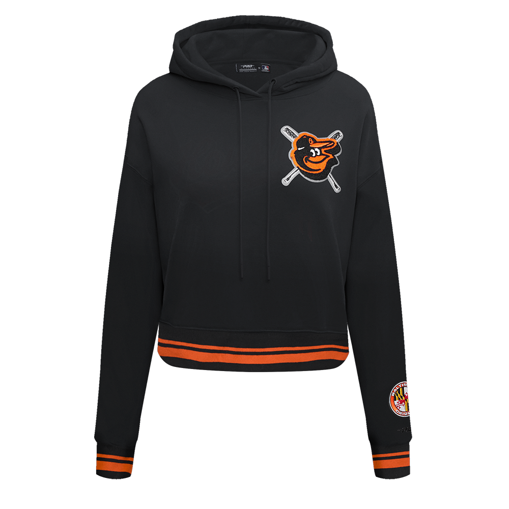 MLB BALTIMORE ORIOLES MASHUP WOMEN'S RIB CROPPED PULLOVER HOODIE (BLACK/ORANGE)