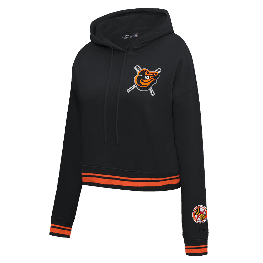 MLB BALTIMORE ORIOLES MASHUP WOMEN'S RIB CROPPED PULLOVER HOODIE (BLACK/ORANGE)