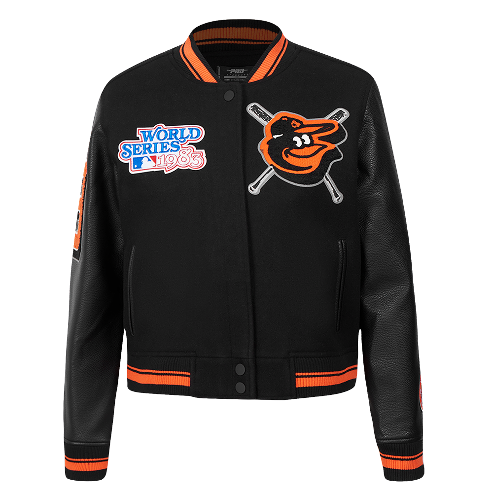 MLB BALTIMORE ORIOLES MASH UP BLOUSON COLLÉGIAL EN LAINE À BORDS CÔTELÉS POUR FEMME (NOIR/ORANGE)