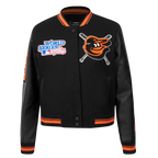 MLB BALTIMORE ORIOLES MASH UP BLOUSON COLLÉGIAL EN LAINE À BORDS CÔTELÉS POUR FEMME (NOIR/ORANGE)