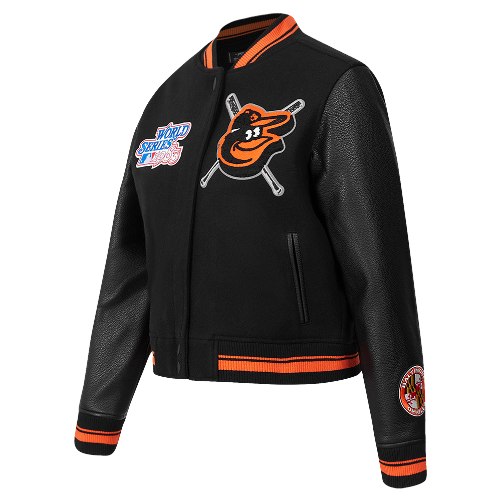 MLB BALTIMORE ORIOLES MASH UP BLOUSON COLLÉGIAL EN LAINE À BORDS CÔTELÉS POUR FEMME (NOIR/ORANGE)