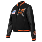 MLB BALTIMORE ORIOLES MASH UP BLOUSON COLLÉGIAL EN LAINE À BORDS CÔTELÉS POUR FEMME (NOIR/ORANGE)