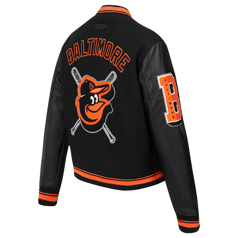 MLB BALTIMORE ORIOLES MASH UP BLOUSON COLLÉGIAL EN LAINE À BORDS CÔTELÉS POUR FEMME (NOIR/ORANGE)