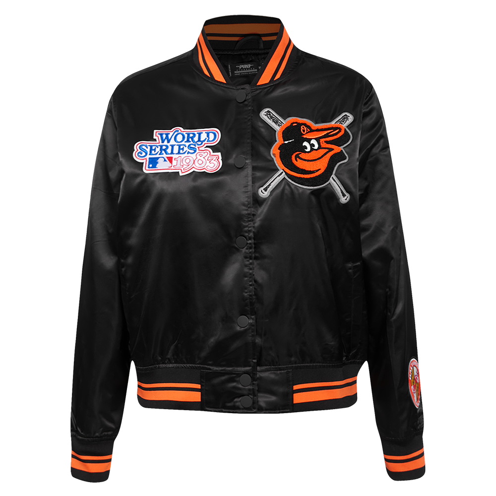 MLB BALTIMORE ORIOLES MASH UP WOMEN'S RIB SATIN JACKET (BLACK/ORANGE)