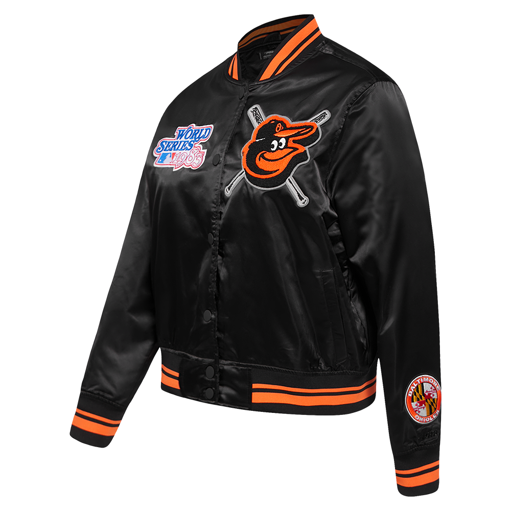 MLB BALTIMORE ORIOLES MASH UP WOMEN'S RIB SATIN JACKET (BLACK/ORANGE)