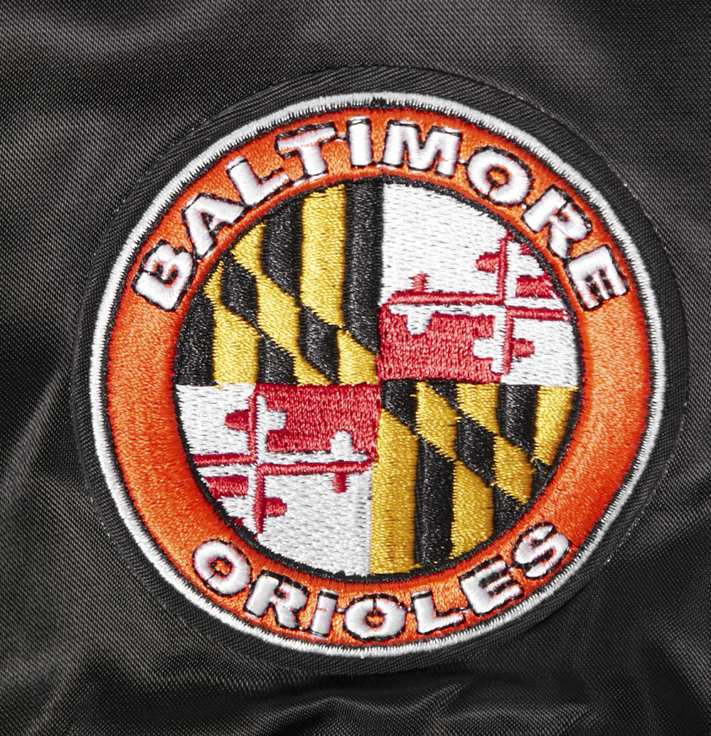 MLB BALTIMORE ORIOLES MASH UP WOMEN'S RIB SATIN JACKET (BLACK/ORANGE)