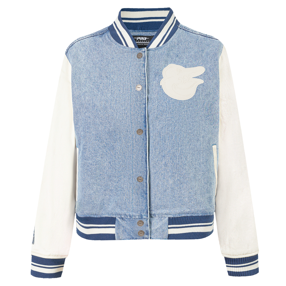 MLB BALTIMORE ORIOLES VARSITY BLUES BLOUSON COLLÉGIAL EN DENIM POUR FEMME (DENIM/LIN)
