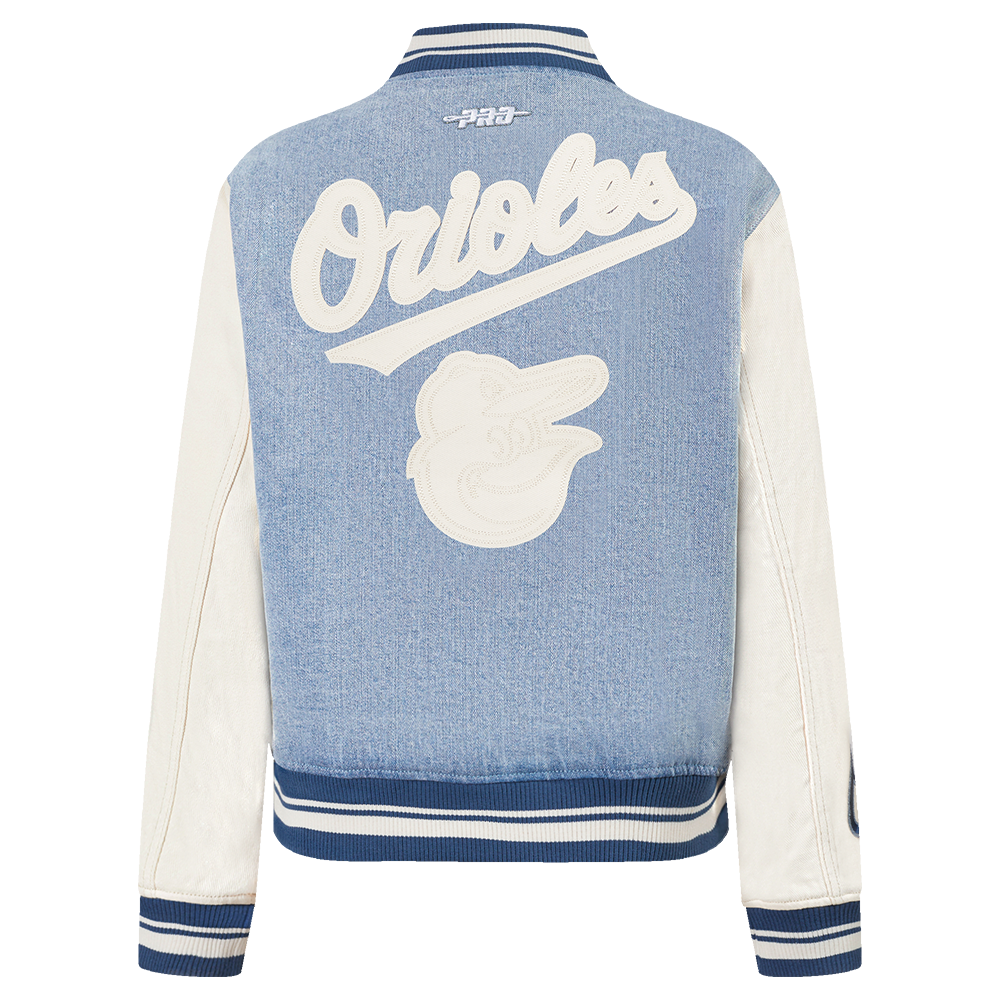 MLB BALTIMORE ORIOLES VARSITY BLUES BLOUSON COLLÉGIAL EN DENIM POUR FEMME (DENIM/LIN)
