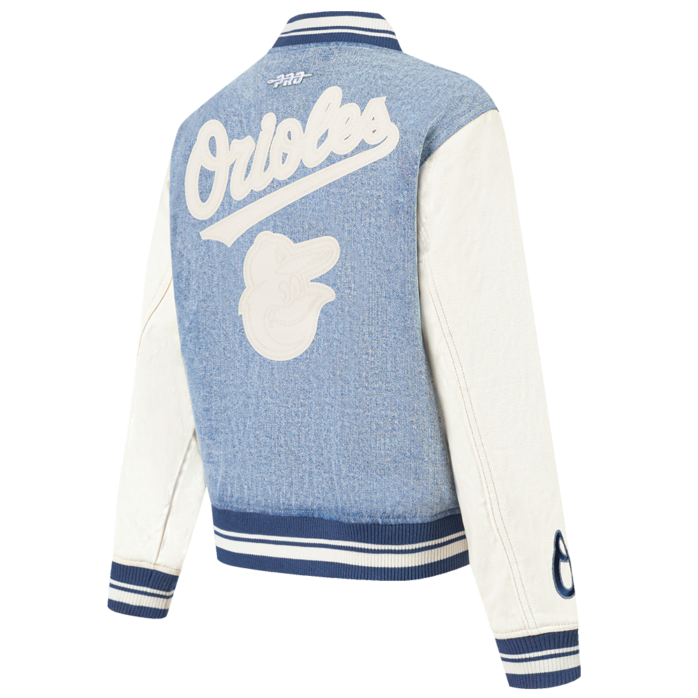 MLB BALTIMORE ORIOLES VARSITY BLUES BLOUSON COLLÉGIAL EN DENIM POUR FEMME (DENIM/LIN)