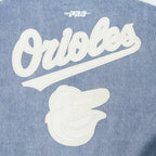 MLB BALTIMORE ORIOLES VARSITY BLUES BLOUSON COLLÉGIAL EN DENIM POUR FEMME (DENIM/LIN)