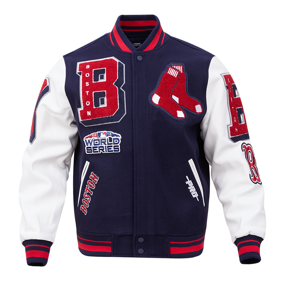 MLB BOSTON RED SOX MASH UP BLOUSON COLLÉGIAL EN LAINE À BORDS CÔTELÉS POUR HOMME (MARINE MINUIT/ROUGE/MARINE MINUIT)