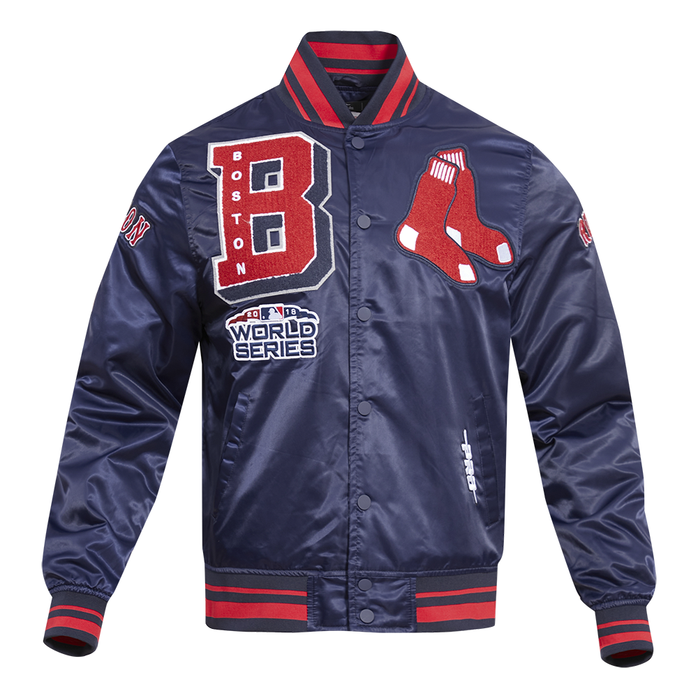 MLB BOSTON RED SOX MASH UP BLOUSON EN SATIN À BORDS CÔTELÉS POUR HOMME (MARINE MINUIT/ROUGE/MARINE MINUIT)