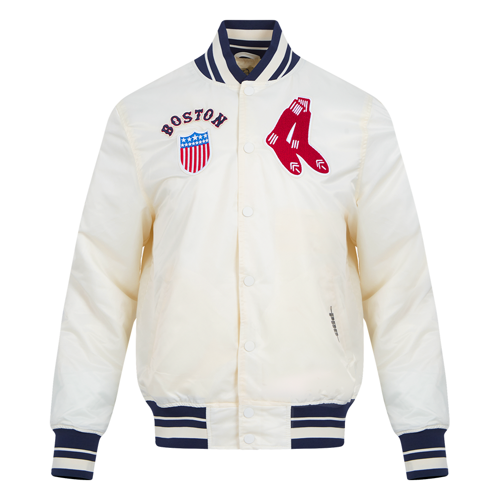 MLB BOSTON RED SOX RETRO CLASSIC BLOUSON EN SATIN À BORDS CÔTELÉS POUR HOMME (COQUILLE D'ŒUF/MARINE MINUIT)