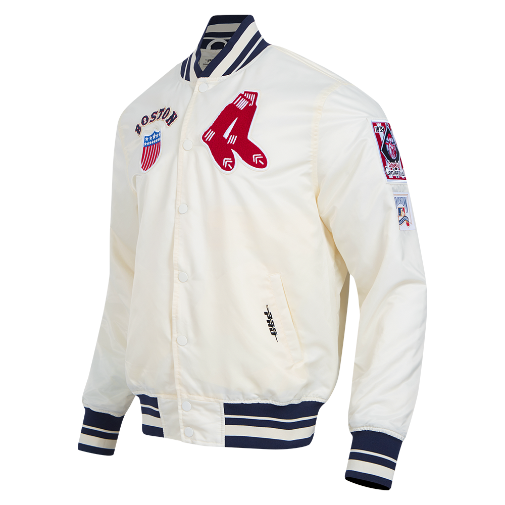 MLB BOSTON RED SOX RETRO CLASSIC BLOUSON EN SATIN À BORDS CÔTELÉS POUR HOMME (COQUILLE D'ŒUF/MARINE MINUIT)