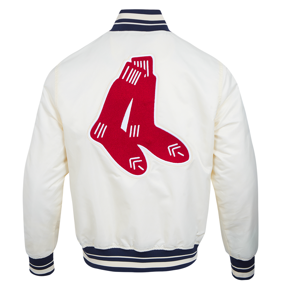 MLB BOSTON RED SOX RETRO CLASSIC BLOUSON EN SATIN À BORDS CÔTELÉS POUR HOMME (COQUILLE D'ŒUF/MARINE MINUIT)
