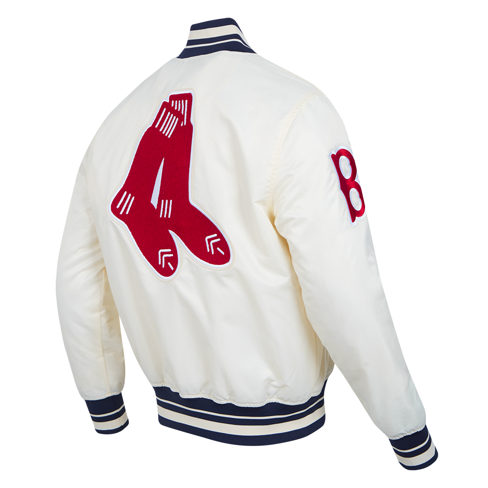 MLB BOSTON RED SOX RETRO CLASSIC BLOUSON EN SATIN À BORDS CÔTELÉS POUR HOMME (COQUILLE D'ŒUF/MARINE MINUIT)