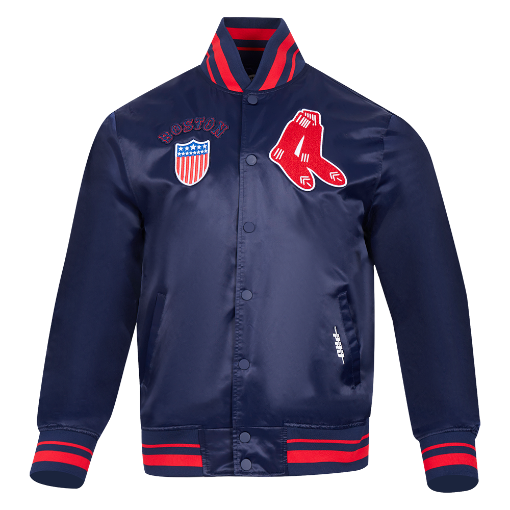 MLB BOSTON RED SOX RETRO CLASSIC MEN'S RIB SATIN JACKET (MIDNIGHT NAVY/RED/MIDNIGHT NAVY)