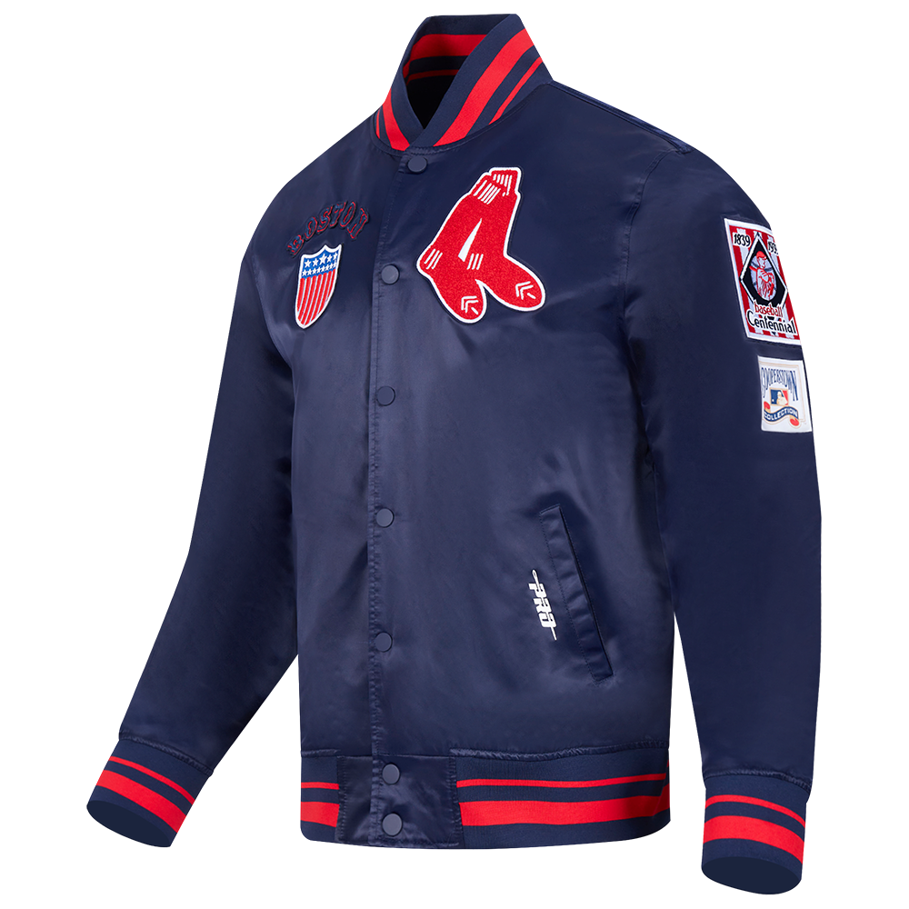 MLB BOSTON RED SOX RETRO CLASSIC MEN'S RIB SATIN JACKET (MIDNIGHT NAVY/RED/MIDNIGHT NAVY)
