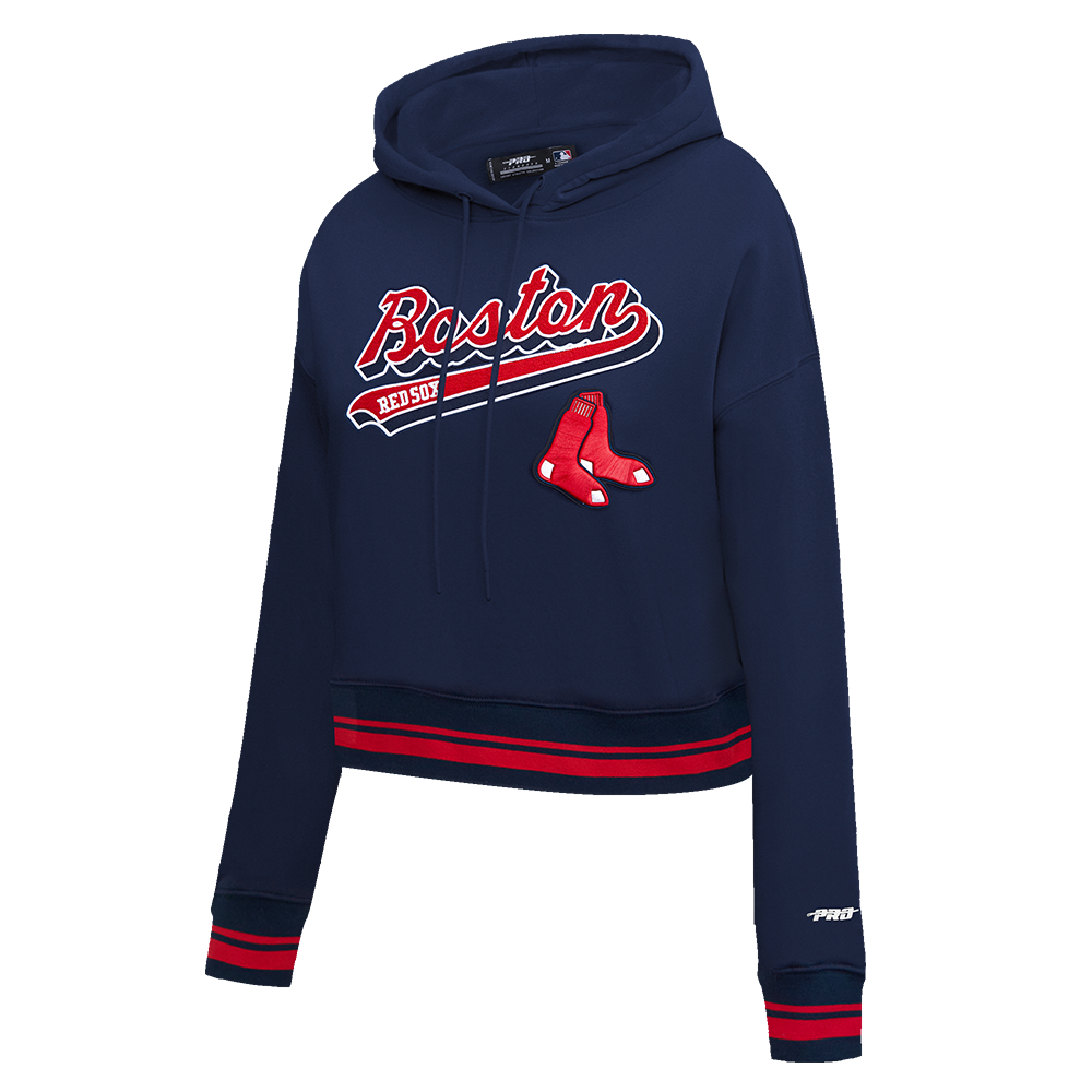 MLB BOSTON RED SOX SCRIPT TAIL WOMEN'S RIB FLEECE CROPPED PULLOVER HOODIE (MIDNIGHT NAVY/RED/MIDNIGHT NAVY)
