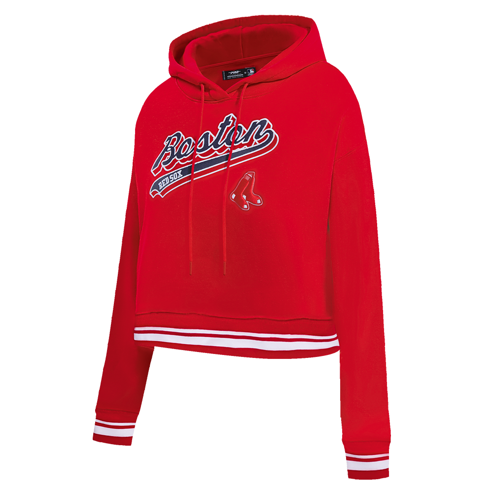 MLB BOSTON RED SOX SCRIPT TAIL WOMEN'S RIB FLEECE CROPPED PULLOVER HOODIE (RED)