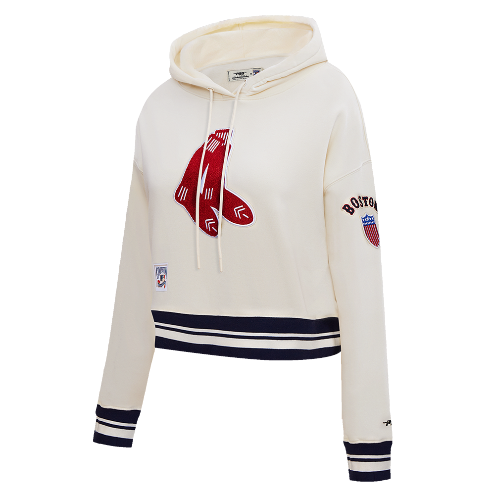 MLB BOSTON RED SOX RETRO CLASSIC WOMEN'S RIB CROPPED PULLOVER HOODIE (EGGSHELL/ MIDNIGHT NAVY)